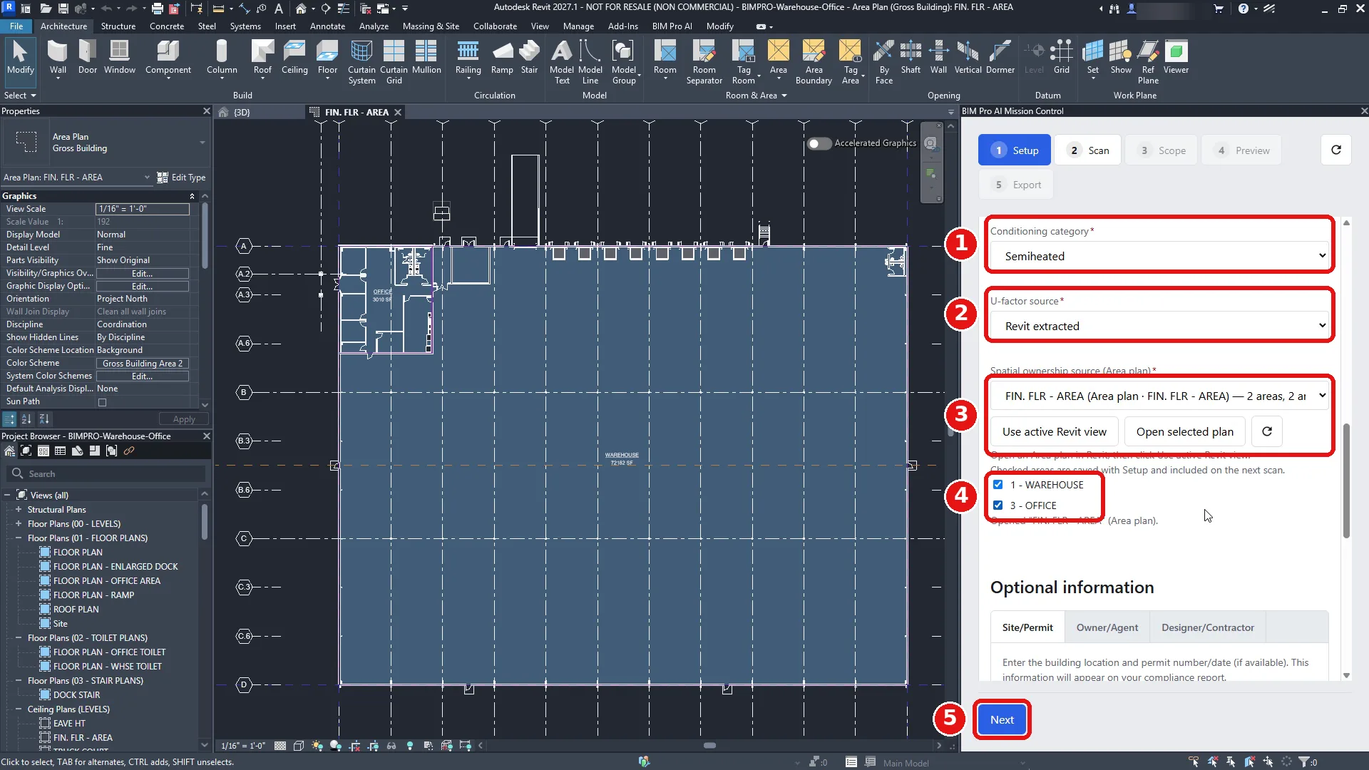 Setup tab with required settings filled in, the Area Plan selected, and the Warehouse and Office areas checked.