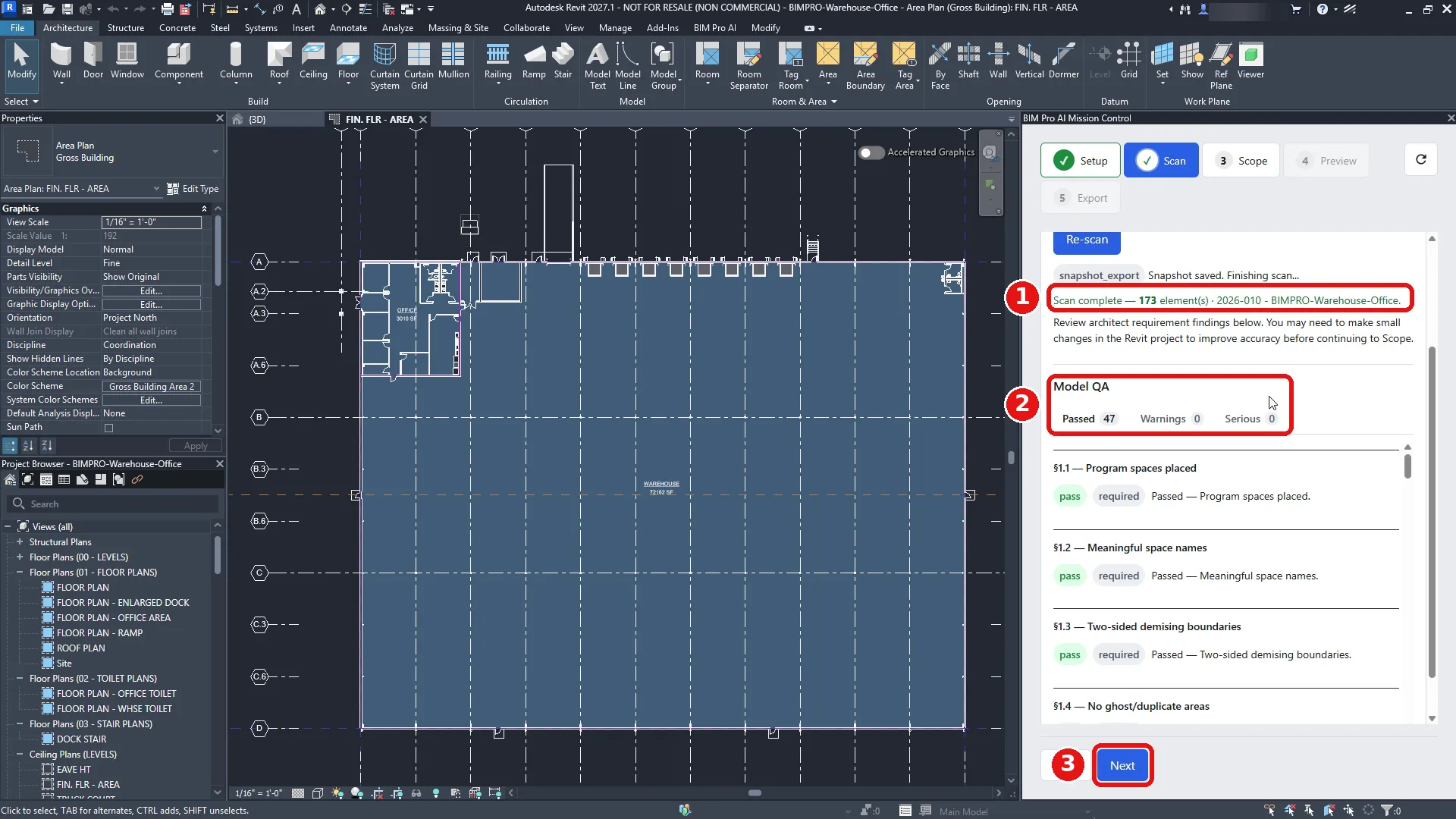 Scan tab after the scan: 173 elements, Model QA with 47 passed, 0 warnings, 0 serious.