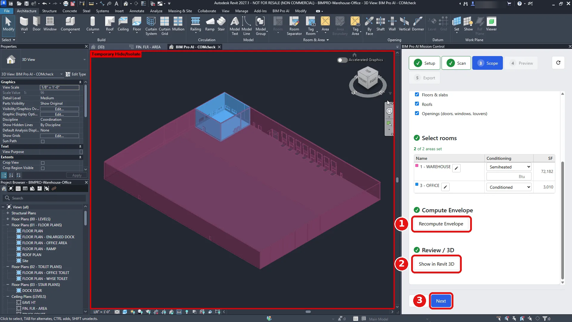 Revit 3D view of the computed envelope: the office in blue and the warehouse in magenta, next to the Scope tab.