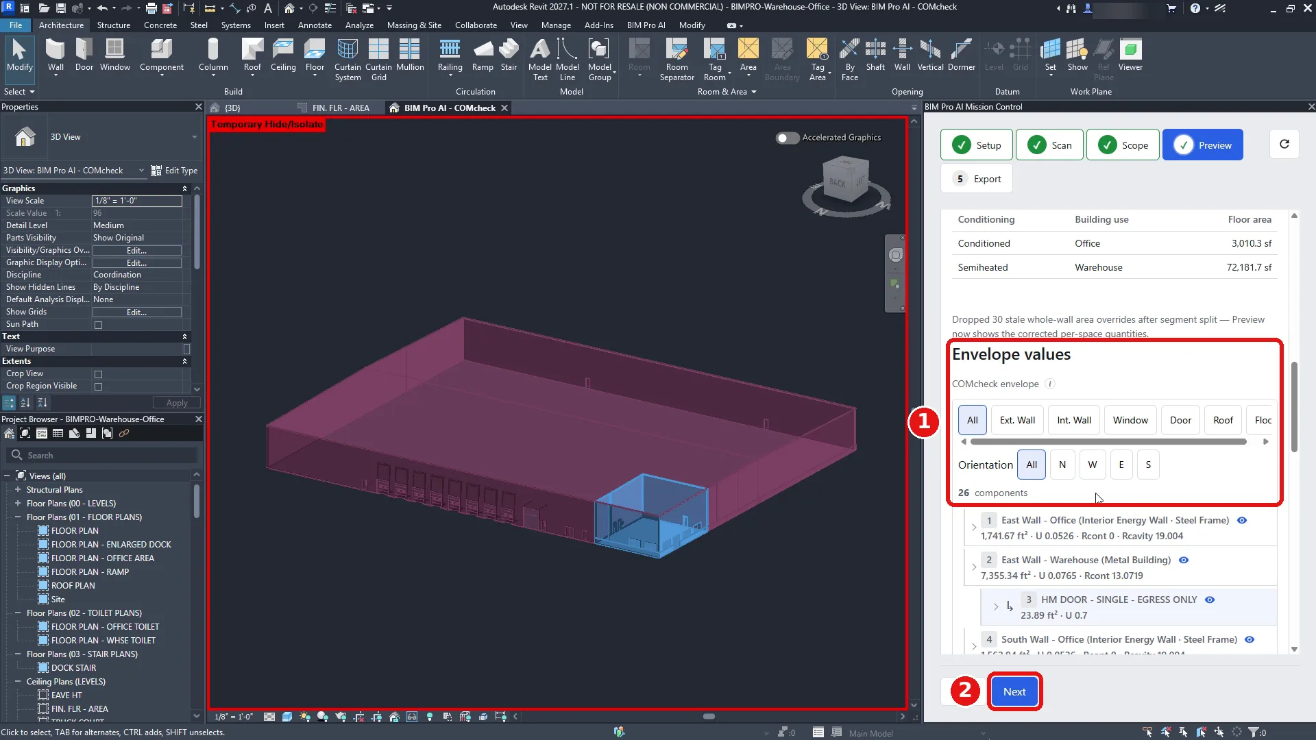 Preview tab listing 26 envelope components with area, U-factor, and R-values, filterable by type and orientation.