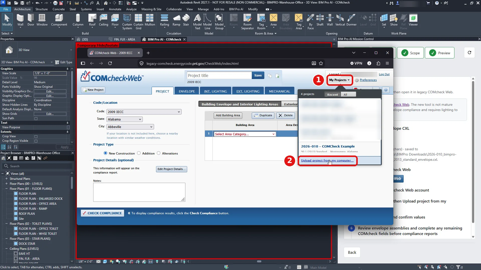 Legacy COMcheck-Web with the My Projects menu open and Upload project from my computer highlighted.
