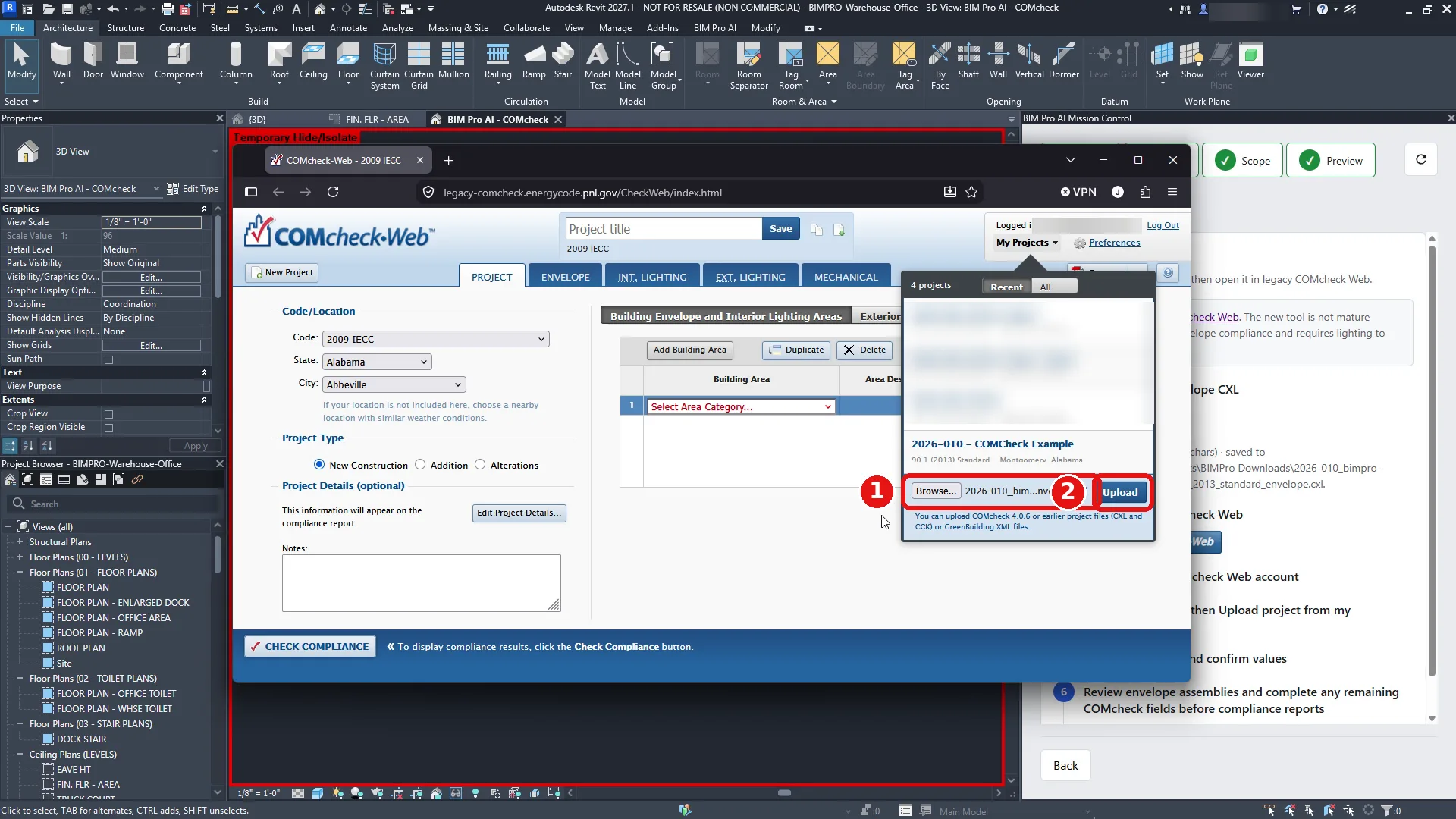 COMcheck-Web upload row with the selected CXL file and the Upload button.