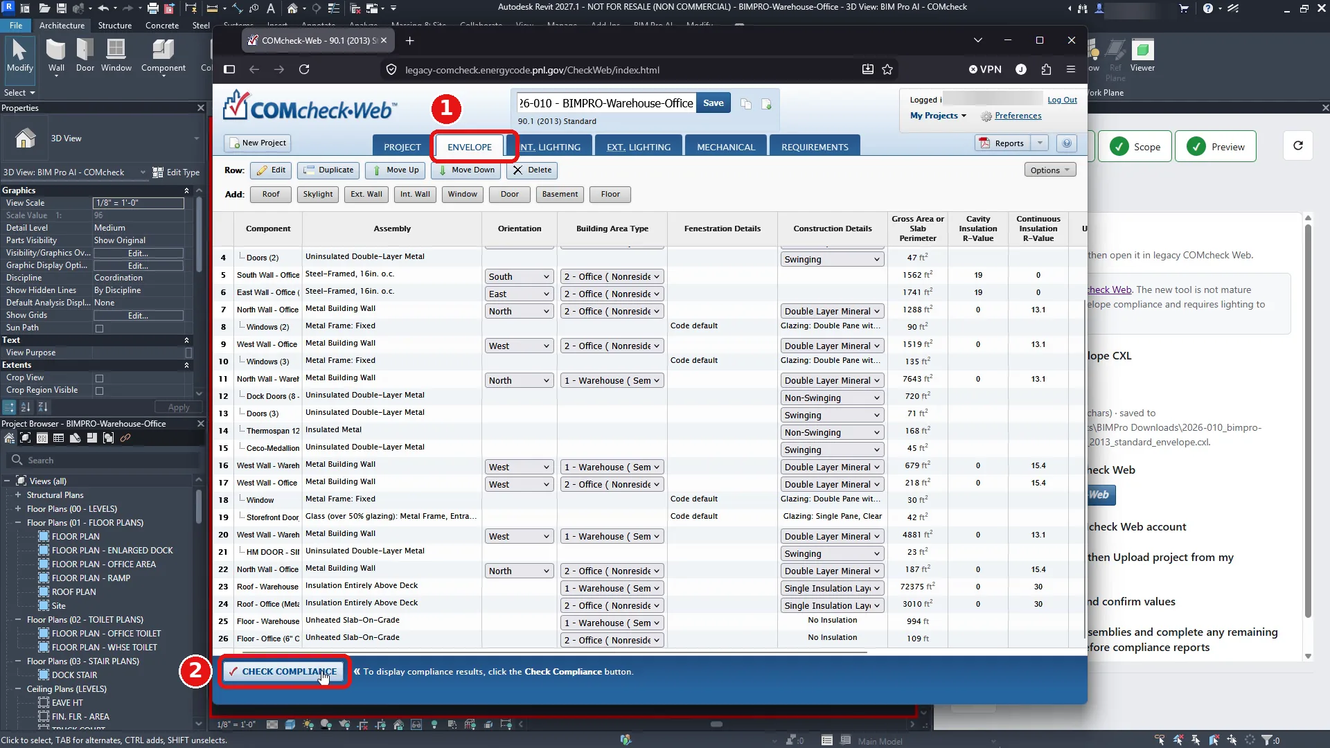 COMcheck-Web Envelope tab filled with walls, doors, windows, roofs, and floors imported from Revit.