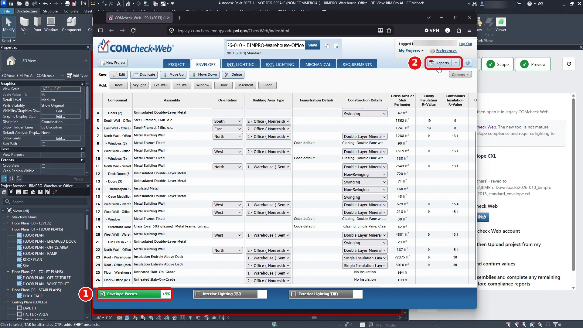 COMcheck-Web after calculation showing Envelope Passes, +5%.